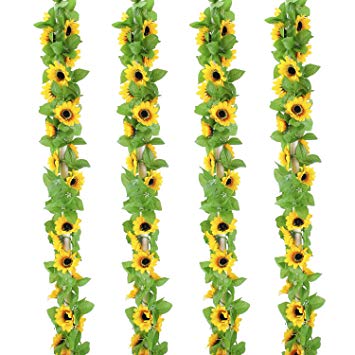 OUTLEE 4 Pack Artificial Sunflower Garland Faux Silk Sunflower Vines with 12 Flower Heads 8 ft Long for Home Garden Wedding Party Decor