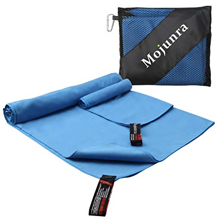 Mojunra Microfiber Beach & Sport Towel Set of 2 Travel Towels with Bag Quick Dry Soft Absorbent Lightweight Antibacterial Compact for Camping Swim Yoga Golf (Blue 76 x 152cm and 53 x 36cm) (Blue A)