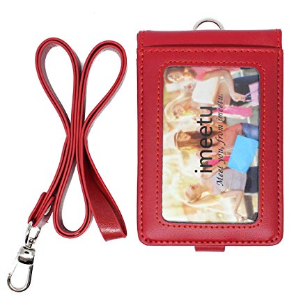 imeetu PU Leather Lanyard with Detachable Bifold Wallet with 1 ID Badge Holder Windows & 4 Card Pockets with PU Leather Neck Strap(Red)