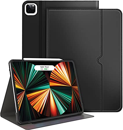 Soke New iPad Pro 12.9 Case 5th Generation 2021, Premium Leather Stand Folio Case with Pocket[2nd Gen Apple Pencil Charging Auto Wake/Sleep], Hard PC Back Cover for iPad Pro 12.9 Inch(Black)