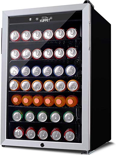 KUPPET 150-Can Beverage Cooler and Refrigerator, Small Mini Fridge for Home, Office or Bar with Glass Door and Adjustable Removable Shelves，Perfect for Soda Beer or Wine, Stainless Steel, 4.5 Cu.Ft.