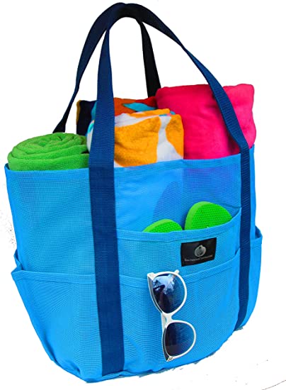 Saltwater Canvas Mesh Whale Bag, Sky Blue, Large for families, fun. 9 pocket storage, inner zip pocket, key hook, loves sun, sand & water, vacations & sports. Washable, durable for years of adventures