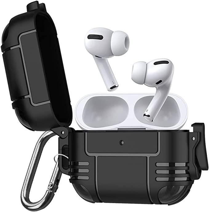 ZenRich New Airpods Pro Case, zenrich Anti Lost Buckle Full-Body Hard Shell Protective Rugged Charging Cover Case with Keychain for AirPod Pro 2019, Front LED Visible,Black