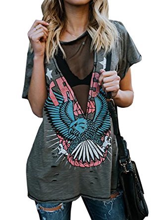 Karlywindow Womens Distressed Eagle Print Mesh V Neck Loose Graphic Short Sleeve T-Shirt Tops Blouse