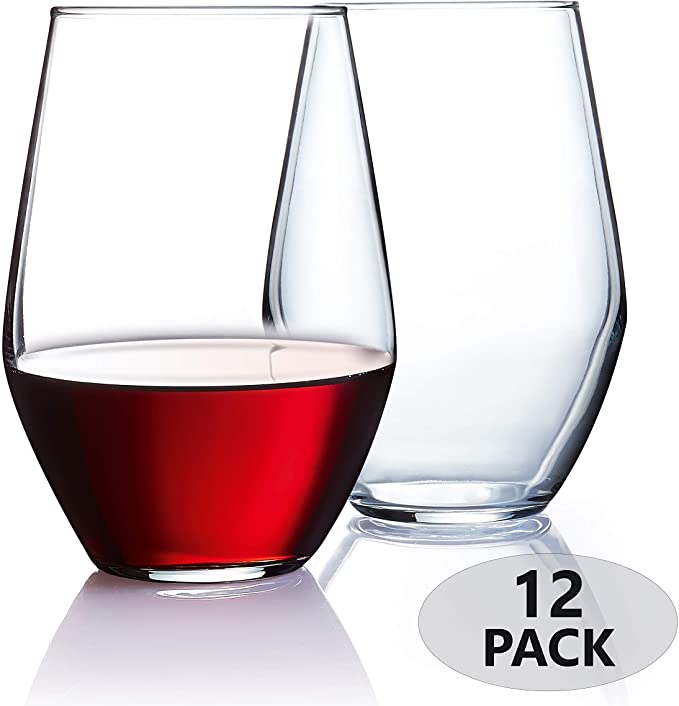 Stemless Wine Glasses [Set of 12] Elegant Wine Glass Great For White Or Red Wine, 19 oz, Clear Glass