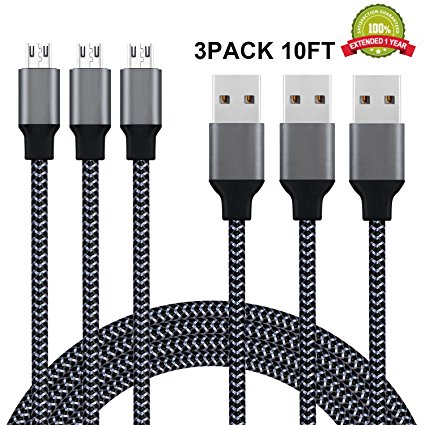 Micro USB Cable, Xcords 10 Feet Long Premium Super Durable Fast Charge & Sync High Speed Micro USB Charger Cord for Android Smartphone, MP3, Tablet and More(3 Pack, Black)