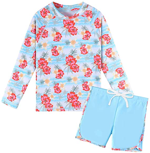 TFJH E Girls Long Sleeve Swimsuits Rashguard Sets Sunsuits UV 50  Two Piece 3-12Y