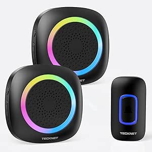 TECKNET Wireless Doorbell with 2 Portable Doorbell with RGB Light, Battery Powered IP66 Waterproof Door Chime Kit, 1300ft Wireless Range, 60 Chimes & 5 Level Volume, Using Time up to 4.5 Years