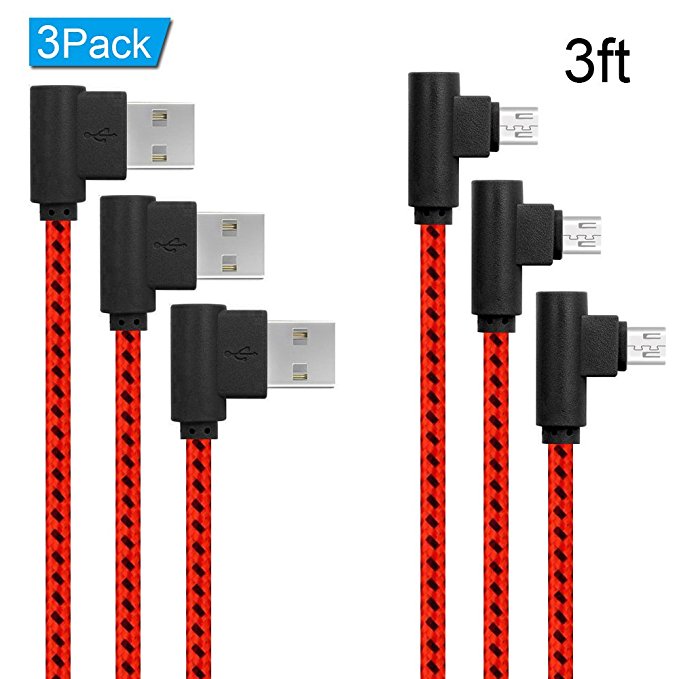 Right Angle Micro USB Cable,90 Degree Android Charger Cable,ANSEIP 3Pack USB to Micro Cable Braided Charger Cords and Data Sync for Samsung/LG/Motorola/Android Smartphones/MP3 (Red Black-3ft, 3FT)