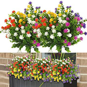 Linkstyle 10 Bundles Artificial Flowers Outdoor Fake Flowers for Home Decoration, UV Resistant Faux Plastic Greenery Shrubs Plants for Hanging Garden Porch Window Box Décor, 5 Colors