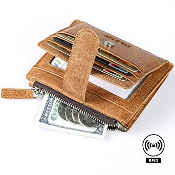 RFID Blocking Wallet Leather Card Holder Slim Coin Purse with Zipper for Men Pabin