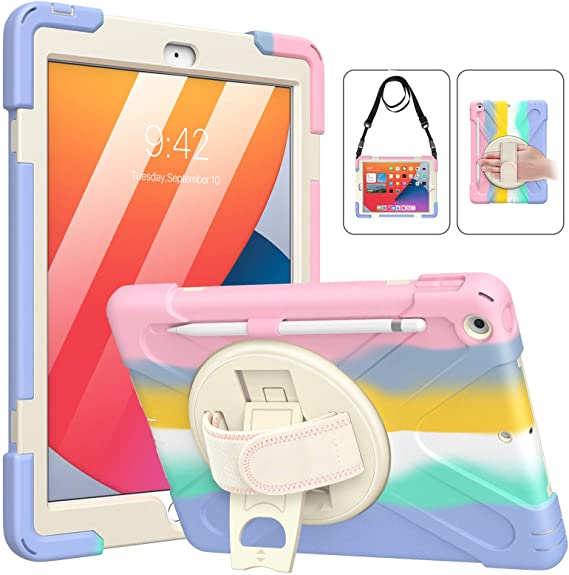 MoKo iPad 10.2 Case for Kids, iPad 8th Generation 2020/ iPad 7th Generation 2019 Case, Shockproof Heavy Duty Case, 360 Degree Rotate Stand, Hand Strap Shoulder Strap, Pencil Holder, Multicolor Pink