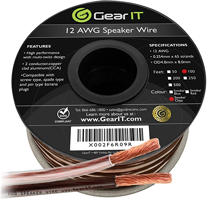 GearIT Pro Series 12AWG Speaker Wire, 12 Gauge Speaker Wire Cable (100 Feet / 30 Meters) Great Use for Home Theater Speakers and Car Speakers, Transparent Black/Clear