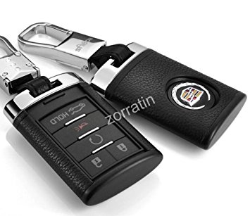 Luxury Black Real leather Key Case Shell Cover with Chain for Cadillac CTS XTS SLS SRX ATS (1 set consisting of 1 keychain  1 Shell cover)