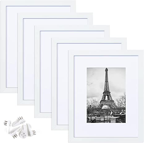 upsimples 8x10 Picture Frame Set of 5,Display Pictures 5x7 with Mat or 8x10 Without Mat,Wall Gallery Photo Frames,White