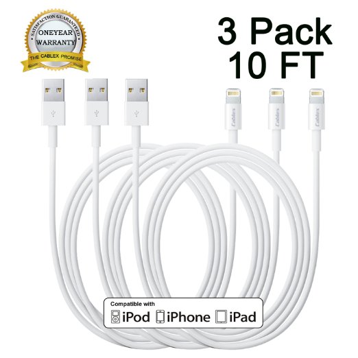 Cablex(TM)3PCS 10FT 8 Pin to USB Extra Long Ligtning Syncing and Charging Cable Cord Wire for iPhone 6/6s/6 plus/6s plus, 5c/5s/5/SE, iPad 4 Mini Air iPod Nano 7 iPod Touch 5