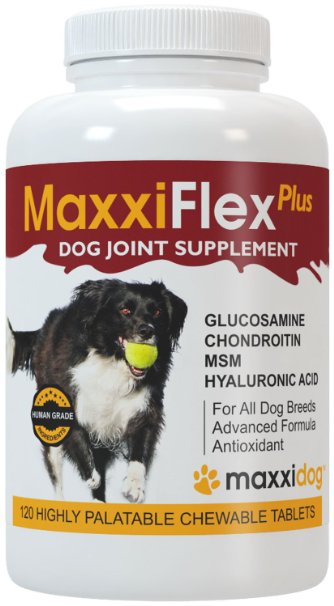 MaxxiFlex Plus Dog Joint Supplement with Glucosamine Chondroitin MSM Hyaluronic Acid Devils Claw Bromelain and Turmeric - 120 Liver Flavored Tablets