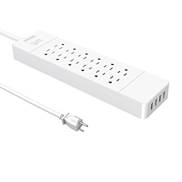 NTONPOWER Multi Power Strip Outlet with 4 USB Ports 12 Outlets and Extension Cord Built-in Switch Button for TV Electronic Protection and More– White