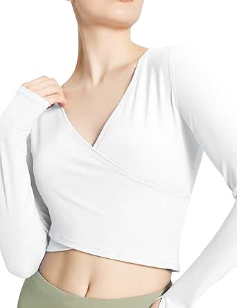 BALEAF Women's Long Sleeve Crop Top for Workout Yoga Wrap Tops V Neck Slim Fit Shirts with Thumb Holes