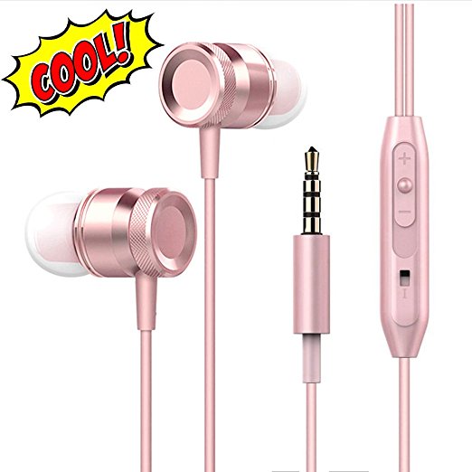 Lingoboi New Fashion Earphones Headphones In-Ear Earbuds Earphones, Metal Housing Best Wired Bass Stereo Headset Built-in Mic/Hands-free/Volume Control 3 Pair EarBuds (S/M/L) (Rose Gold)