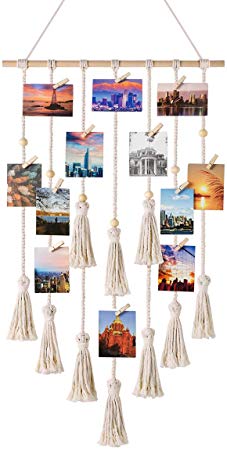 Mkono Hanging Photo Displays Macrame Wall Hanging Picture Organizer with 30 Wood Clips Boho Decor for Home, Living Room, Bedroom, Best, Ivory White, 42.5" L×17" W