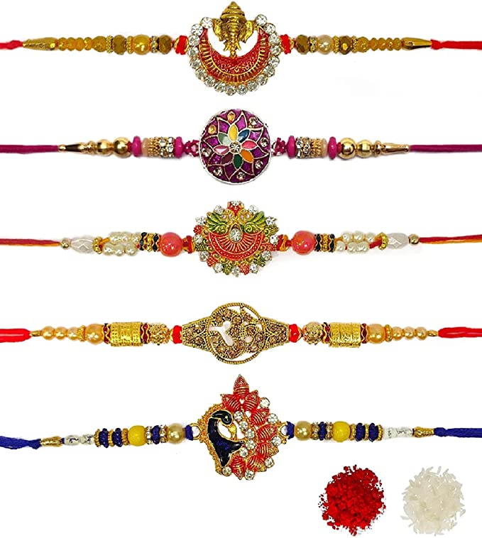 Craftsman 5 Pc Set of Designer Assorted Rakhi for Brother Bhaiya Bhabhi Traditional Handmade Bracelet Thread with Roli Chawal, Greeting Card & Soun Sticker Indian Rakshabandhan Bro Rakhdi Rakhee Gift