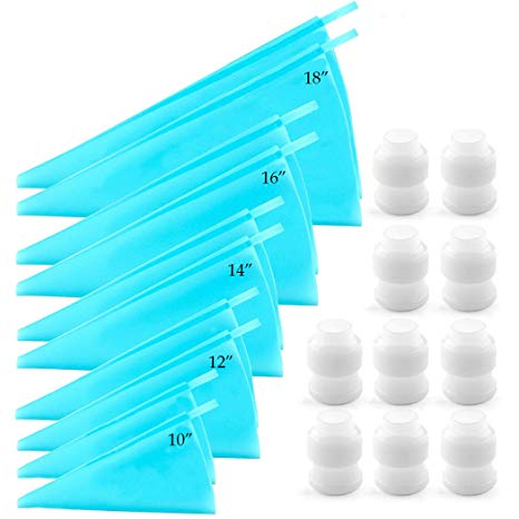 20Pc Silicone Pastry Bags and Coupler Set - 5 Sizes Reusable Thickening Icing Piping Bags Baking Cookie Cake Decorating Bags (10" 12" 14" 16" 18")- Standard Icing Couplers for Cake Decoratin (Blue)