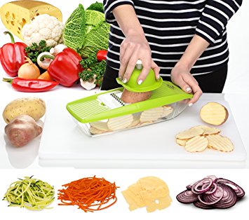 Vegetable Mandoline Slicer - Cheese Grater - Cutter for Potato, Onion, Tomato, Cucumber, Zucchini Pasta - Julienne Veggie Peeler Chopper - Food Storage for Vegetables, 5 Blades and Hand Protector