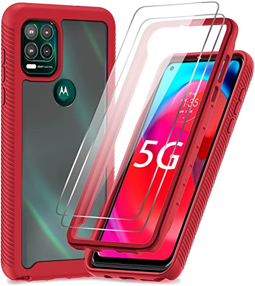 Moto G Stylus 5G Case, Motorola G Stylus 5G Case with 2 Tempered Glass Screen Protector, LeYi Full-Body Shockproof Bumper Rugged Hybrid Clear Protective Phone Case for Moto G Stylus 5G 2021, Red