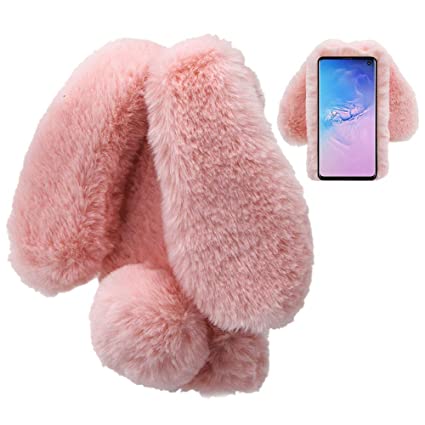 LCHDA Rabbit Case for Samsung Galaxy S10E,Rabbit Fur Bunny Ear Case for Girls Fuzzy Cute Warm Winter Soft Furry Fluffy Ball Fur Hair Plush Protective TPU Bumper Skin Cover for Samsung Galaxy S10E-Pink