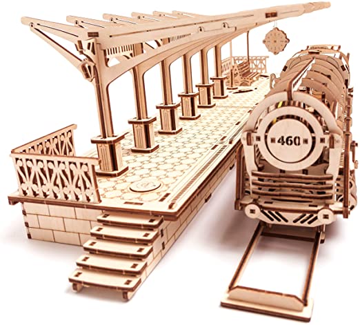 UGEARS Bundle 3 in 1 Locomotive   Railway Platform   Rails Mechanical 3D Puzzle Eco-Friendly Gift Brainteaser DIY Teens Adults Boys Kids Toys
