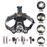 Max 5000 Lumens LED Headlamp Headlight  Hands-free Flashlight Torch  4 Modes  As Power Bank  Waterproof   with 2 x 18650 Batteries  USB Cable  Wall Charger and Car Charger