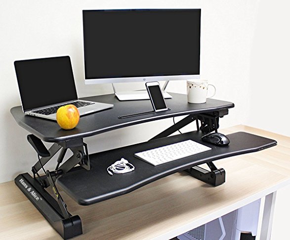 Christmas Deal! Hans&Alice 36" Wide Platform Height Adjustable Standing Desk Riser, Stand Up Computer Workstation with Spacious Keyboard Tray and Free Anti-Fatigue Mat. Black