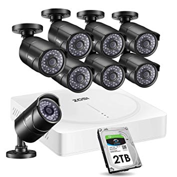 ZOSI 5MP Home Security Camera System Outdoor Indoor, H.265  CCTV DVR 8 Channel (2TB HDD Built-in) W / 8 x HD 5MP(2592 x 1920) Surveillance Bullet Camera -Remote Access, Motion Detection