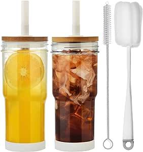 ALINK Glass Cups with Lids and Straws, 24 oz Mason Jar Drinking Glasses Tumbler with Silicone Boot, Tips and Brush, Reusable Iced Coffee Cups, Boba Tea Smoothie Cups, 2 White