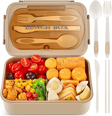 Bento Lunch Box for Kids and Adults with 3 Compartment Leak Proof Lunch Boxes for Men Women Food Containers with Spoon Fork Knife Chopsticks - 1400 ML (Khahi)