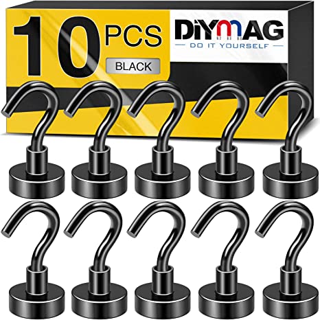 DIYMAG Black Magnetic Hooks, 25Lbs Strong Rare Earth Neodymium Magnet Hooks with Nickel Coating for Cruise，Kitchen, Home, Workplace, Office and Garage etc, Pack of 10