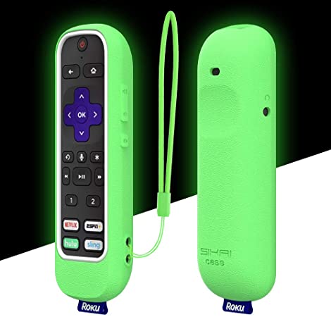 SIKAI Protective Case for ROKU Voice Remote Pro, for Roku Ultra 2020/2019 Remote, Shockproof Silicone Cover for Roku Ultra 4800R 4670R RCS01R Voice Remote Pro Anti-Lost with Loop (Glow Green-White)