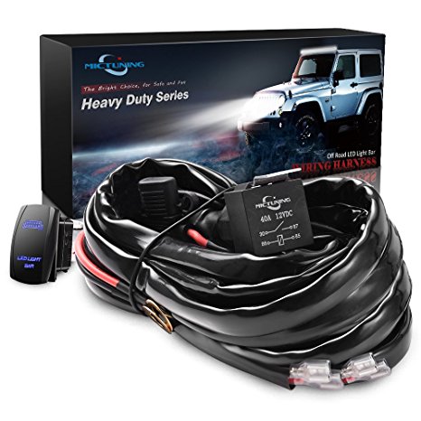 MICTUNING HD  12 Gauge 600W LED Light Bar Wiring Harness Kit w/ 40Amp Relay, 3 Free Fuse, Rocker Switch Blue(2 Lead 12ft)