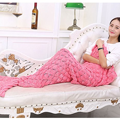 Mermaid Blanket with Scales Knitted Sleeping Bag Luxury Sofa Mermaid Tail Bed Snuggle Cozy for Adults Teens in 9 color (pink)