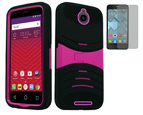 Tempered Glass 2Layer Rugged Armor Case Cover w/Foldable Stand [Slip-free, Shock and Impact-proof] For Alcatel Dawn / Alcatel Ideal / Streak / Acquire / One Touch PIXI Avion LTE Phone (Black on Pink)
