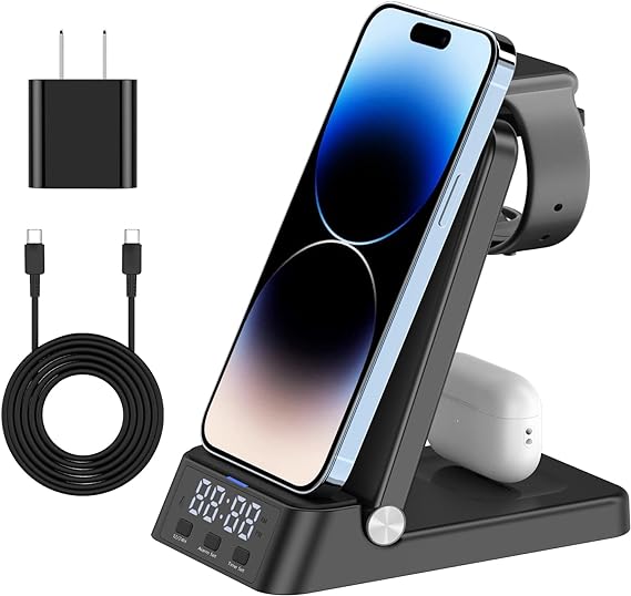 Charging Station for Multiple Devices，3 in 1 Fast Wireless Charger with Digital Clock for iPhone 14/13/12/11/Pro/XS/Xs Max/XR/X/SE/8/8 Plus Apple Watch 8/7/6/SE/5/4/3/2 AirPods 3/2/Pro with Adapter