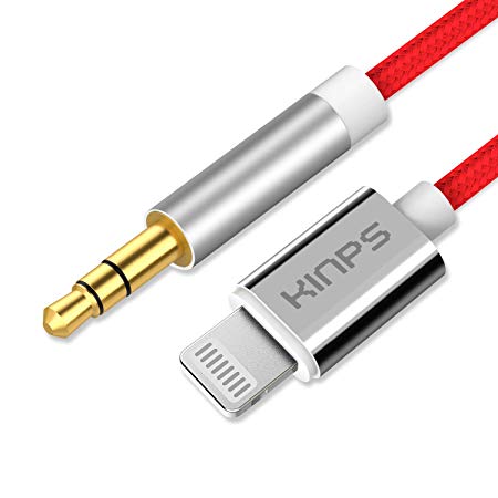 KINPS Apple MFI Certified Lightning to 3.5mm Male Aux Cable, (4FT/1.2M) Nylon Braided Audio Cord Compatible with iPhone Xs/XR/X/8 Plus/8/7 Plus/7, Car Stereo, Home Stereo and More (Red-Braided)