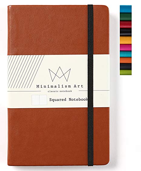 Minimalism Art | Classic Notebook Journal, Size: 5" X 8.3", A5, Brown, Squared Grid Page, 192 Pages, Hard Cover/Fine PU Leather, Inner Pocket, Quality Paper - 100gsm | Designed in San Francisco