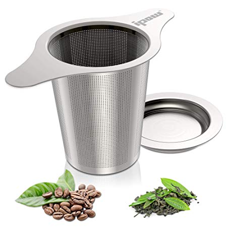 Ipow Updated Extra Fine Mesh Tea Coffee Infuser, 18/8 FDA Approved Stainless Steel Tea Strainer with Lid and Two Handles for Mugs, Teapots, Cups