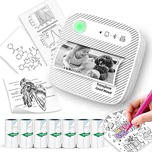 Sticker Printer with 7 Rolls Sticker Paper,Bluetooth Thermal Printer Compatible with iOS & Android, Mini Pocket Printer Portable and Inkless,Study Printer for Flashcards, DIY, Notes