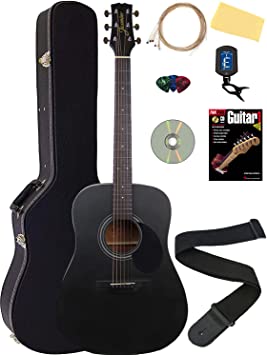 Jasmine S35 Acoustic Guitar - Matte Black Bundle with Hard Case, Strings, Tuner, Strap, Picks, Instructional Book, DVD, and Austin Bazaar Polishing Cloth