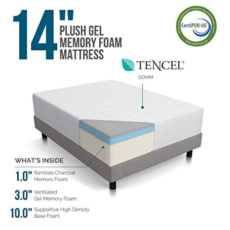 LUCID 14 Inch Plush Memory Foam Mattress - Ventilated Gel Memory Foam   Bamboo Charcoal Infused Memory Foam - CertiPUR-US Certified - 10-Year Warranty - King with LUCID Encasement Mattress Protector - King