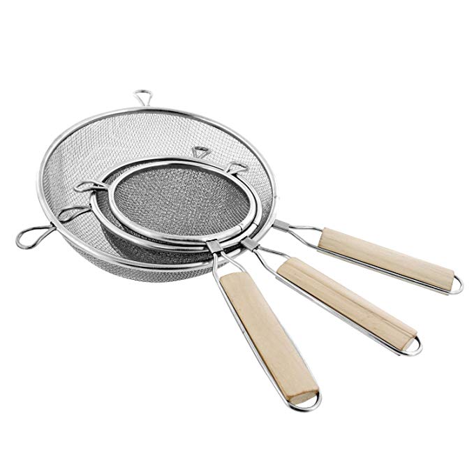 U.S. Kitchen Supply - Set of 3 Premium Quality-Double Mesh Extra Fine Stainless Steel Strainers with Comfortable Wooden Handles, 4", 5.5" and 8" Sizes