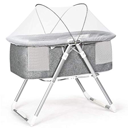INFANS 2 in 1 Rocking Bassinet for Newborn Baby, One-Second Fold Travel Crib with Detachable & Thicken Mattress, Height Adjustable Legs, Mosquito Net, Cradle with Stationary & Rock Mode (Grey)